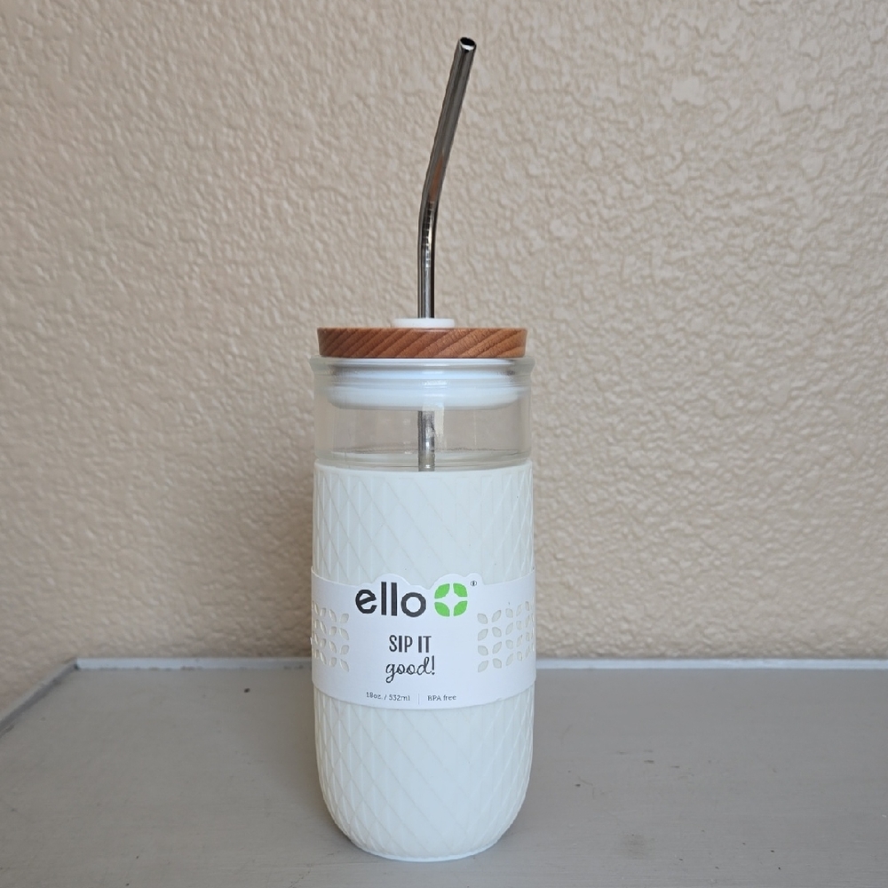 Ello White Glass Tumbler with Bamboo Lid and Straw